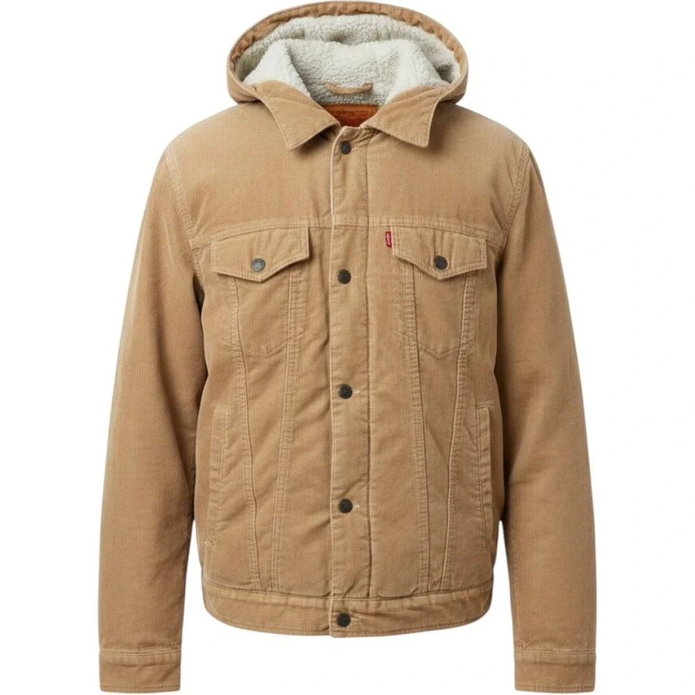 Levis Mens Sherpa Lined Hooded Corduroy Trucker Jacket Tan Brown Small